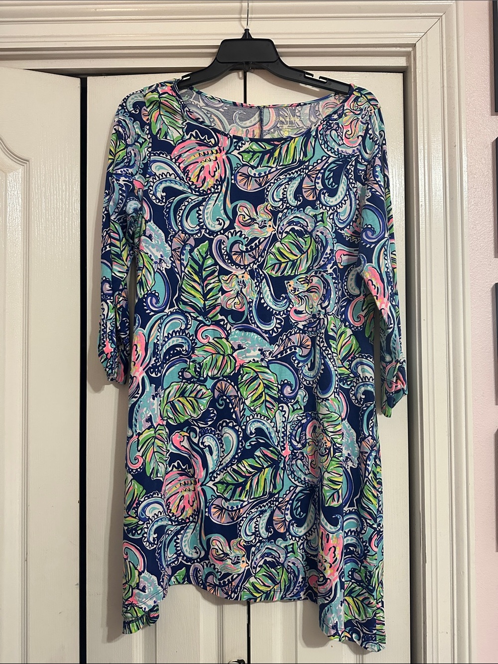 Lilly Pulitzer Navy Blue Tropical Paisley Shift Dress with Pink & Green Accents